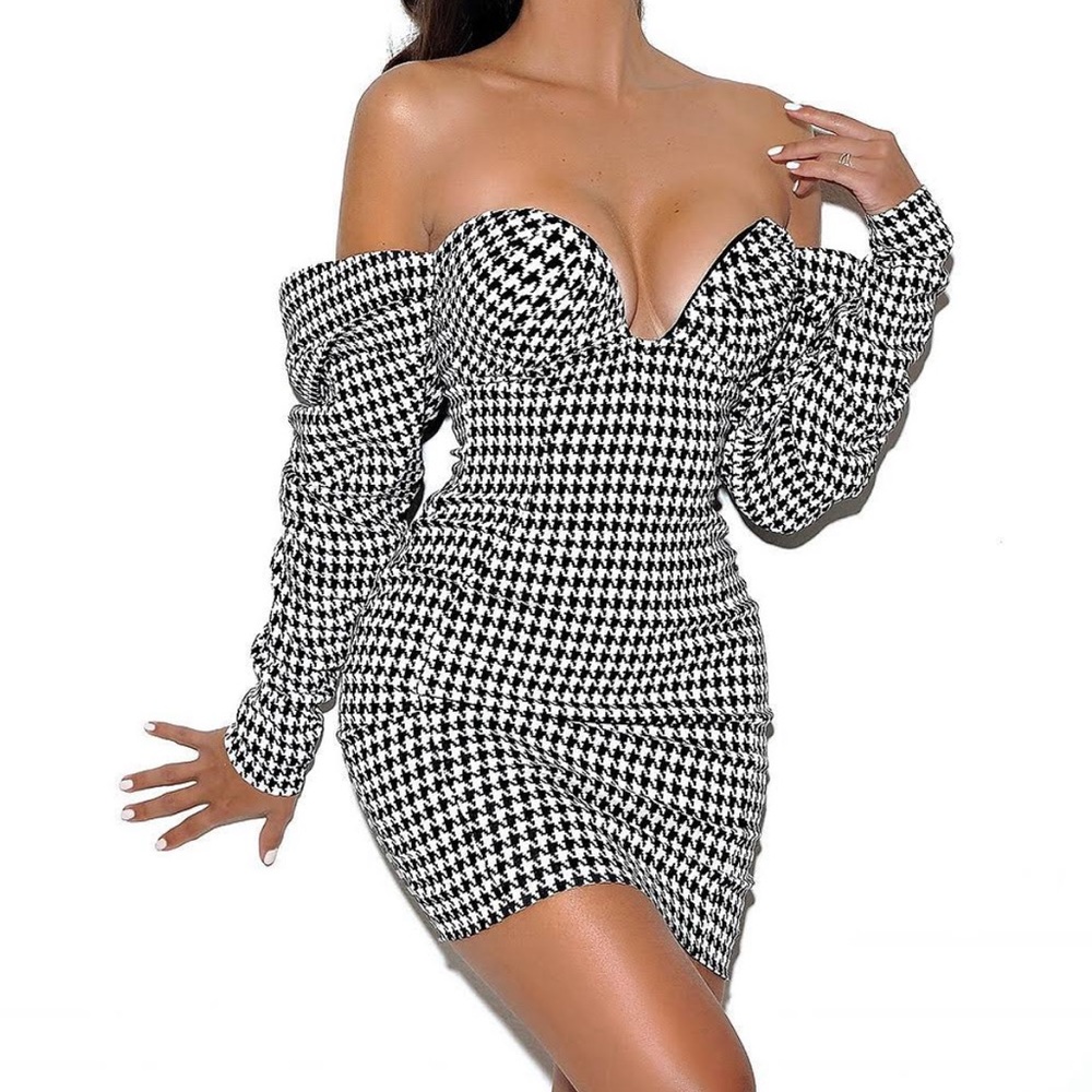 New Stylish Women Long Sleeves Boat Neck Bodycon Print Patchwork Evening Dress